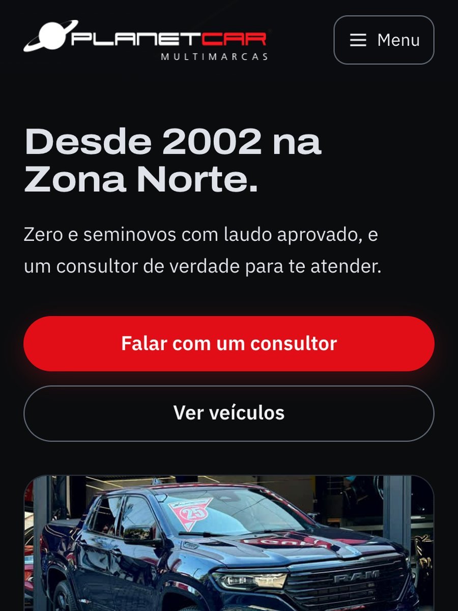 Captura real da página inicial do projeto PlanetCar Multimarcas, versão celular.