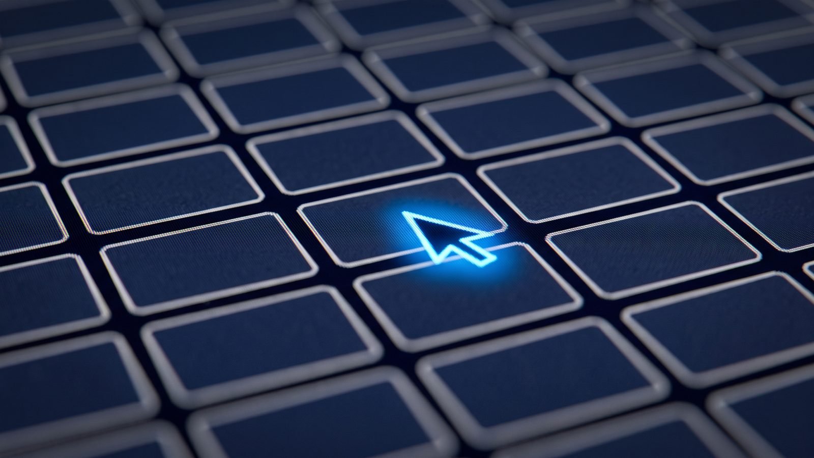 Detalhe de uma grade de blocos de interface com um cursor azul aceso sobre um deles. Imagem gerada por inteligência artificial.