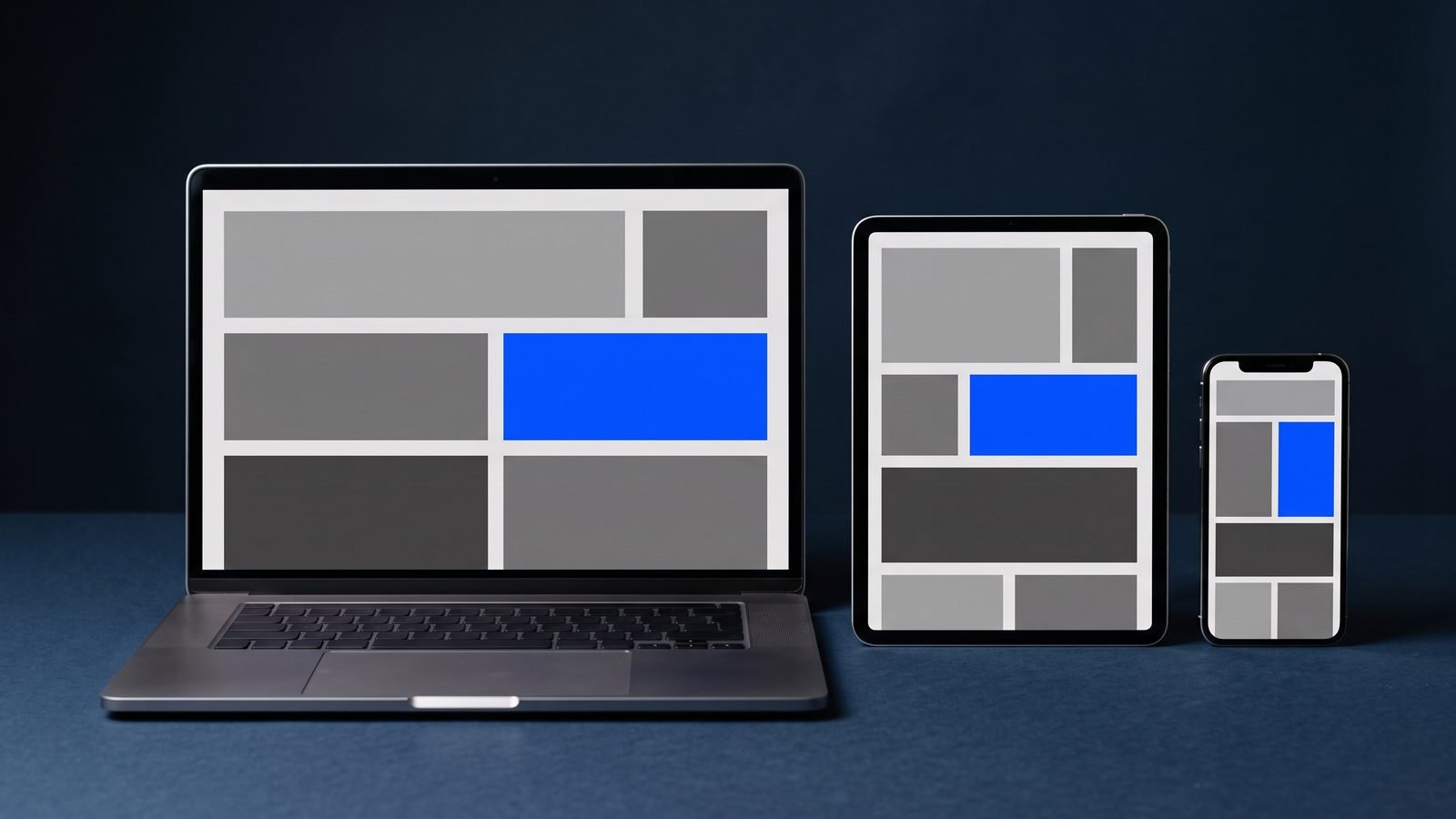 Notebook, tablet e celular exibindo a mesma interface abstrata de site. Imagem gerada por inteligência artificial.